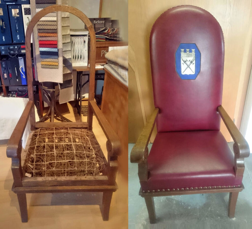 Dieser Bürgermeisterstuhl wurde auf einem Dachboden eines Hauses gefunden und der Stadt Schwerte zur Verfügung gestellt. Der Stuhl wird zukünftig wieder im Büro des Bürgermeisters eingesetzt. Es wurden die Federung, das Polster und der Bezug erneuert.