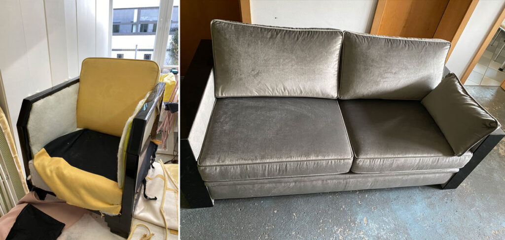 Neuaufpolsterung von Sessel und Sofa; Erneuerung der Federung, der Polster und des Bezuges.