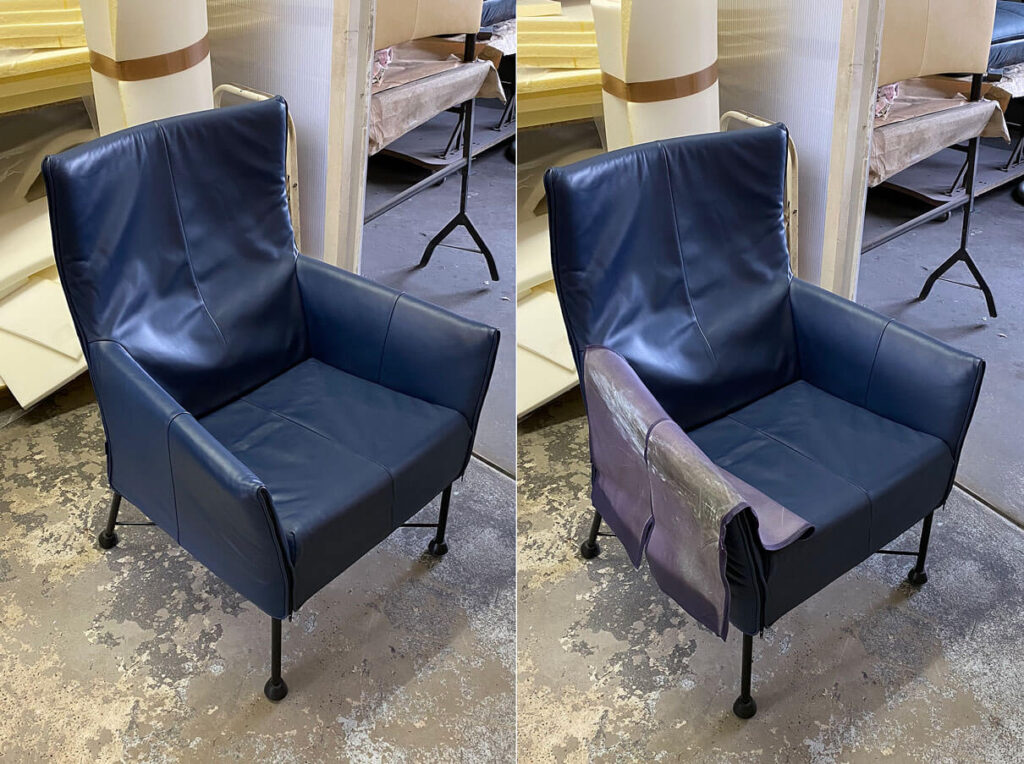 Auf der Lehne kann man noch das „Vorher“ erkennen: Erneuerung von Polsterstühlen